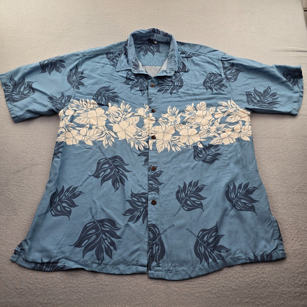 Hibiscus Collection Hawaiian Shirt Mens Large Blue Darker Leaf Motifs Everyday